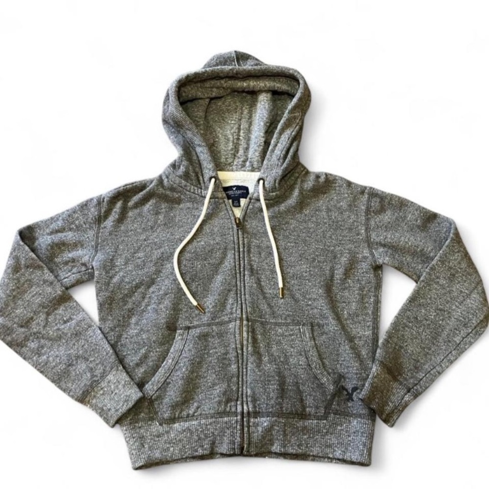 American Eagle Outfitters Heathered Gray Zip-Up Hoodie Cropped Size Small